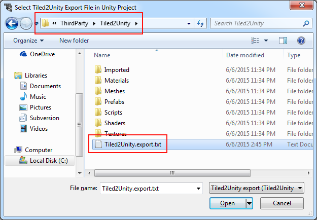 Tiled2Unity Export Open File Dialog